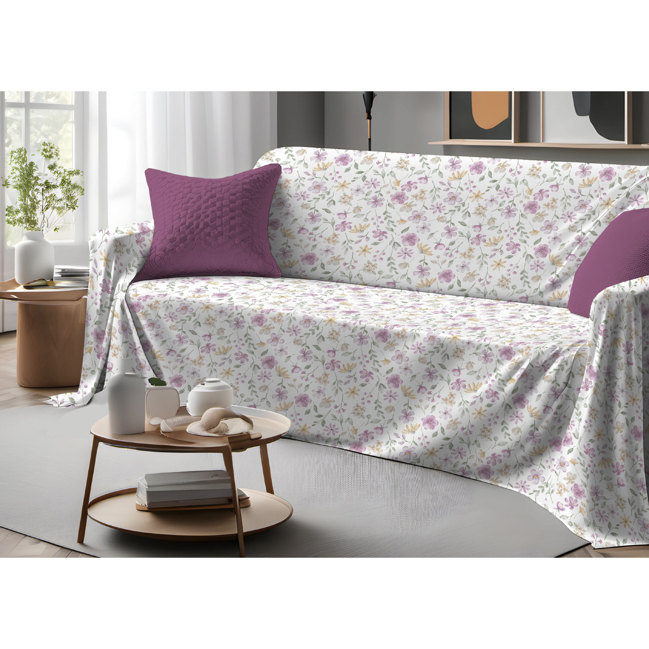 Telo Arredo Copritutto Grand Foulard Copridivano Copriletto 100% Cotone Disegno Primavera Rosa