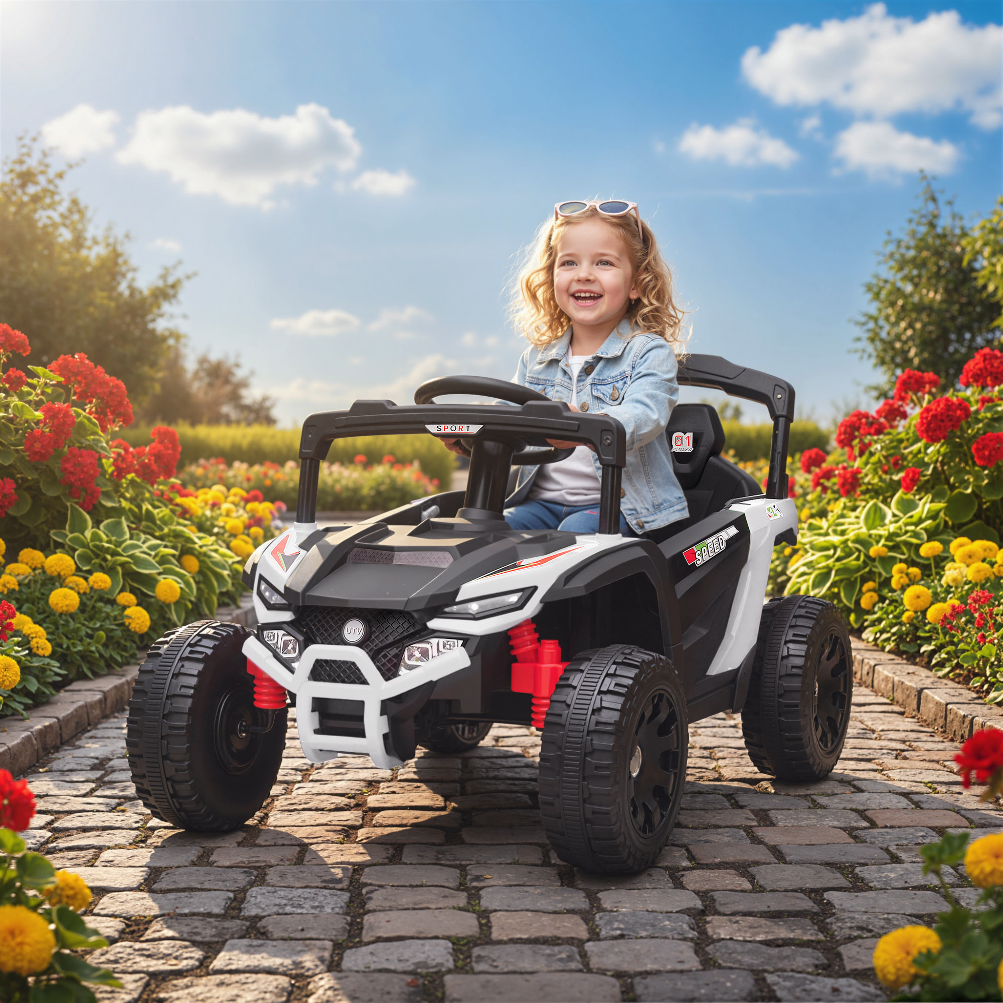 Coche Eléctrico para Niños 12V, Coche de Batería UTV con 2 Motores, Control Remoto 2,4G, 3-5 km/h, Suspensión Trasera, Faros, Música, para Niños de 3-5 Años, Blanco