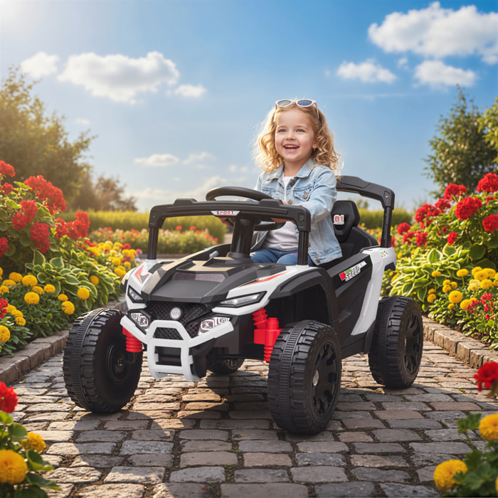 Coche Eléctrico para Niños 12V, Coche de Batería UTV con 2 Motores, Control Remoto 2,4G, 3-5 km/h, Suspensión Trasera, Faros, Música, para Niños de 3-5 Años, Blanco