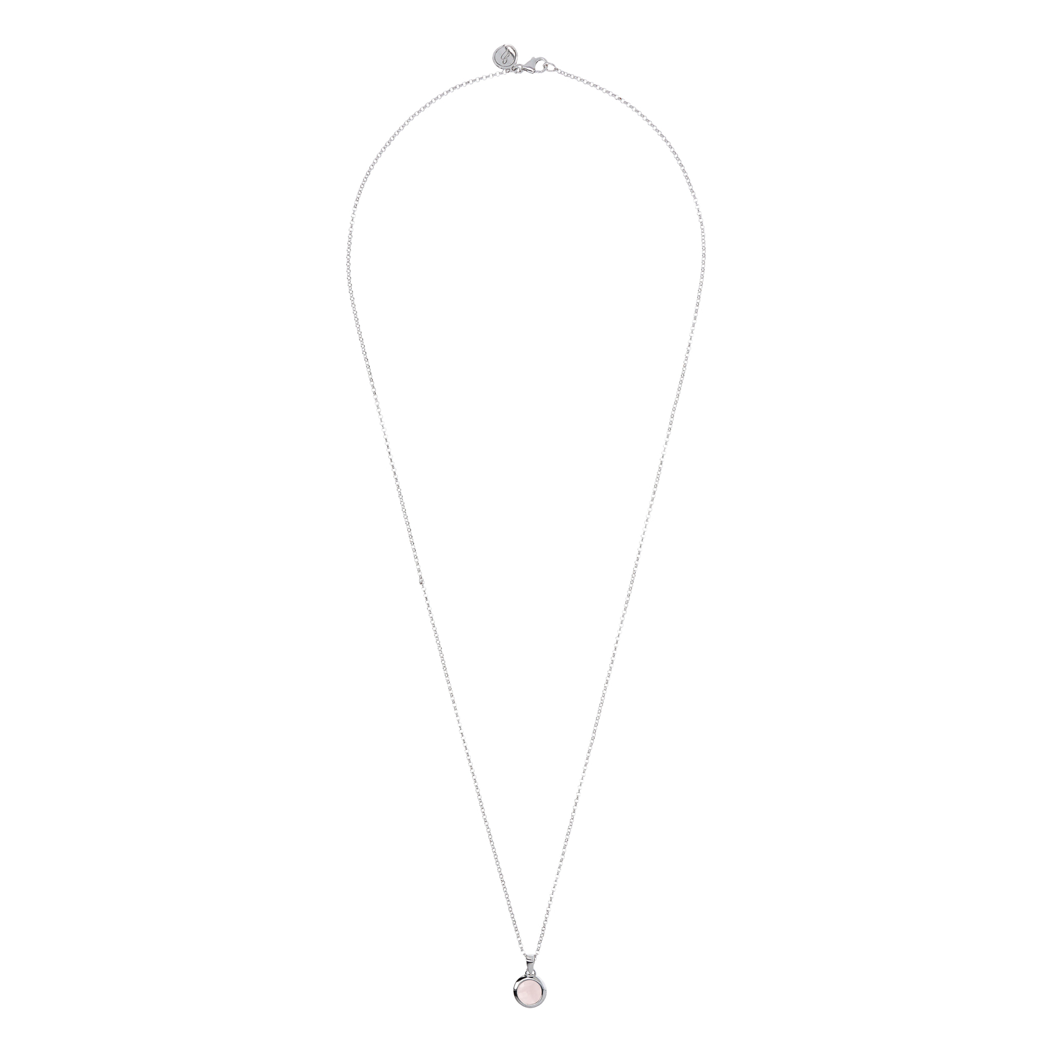 Collana Lunga Catena Rolo White con Pendente Tondo in Quarzo Rosa Sfaccettato