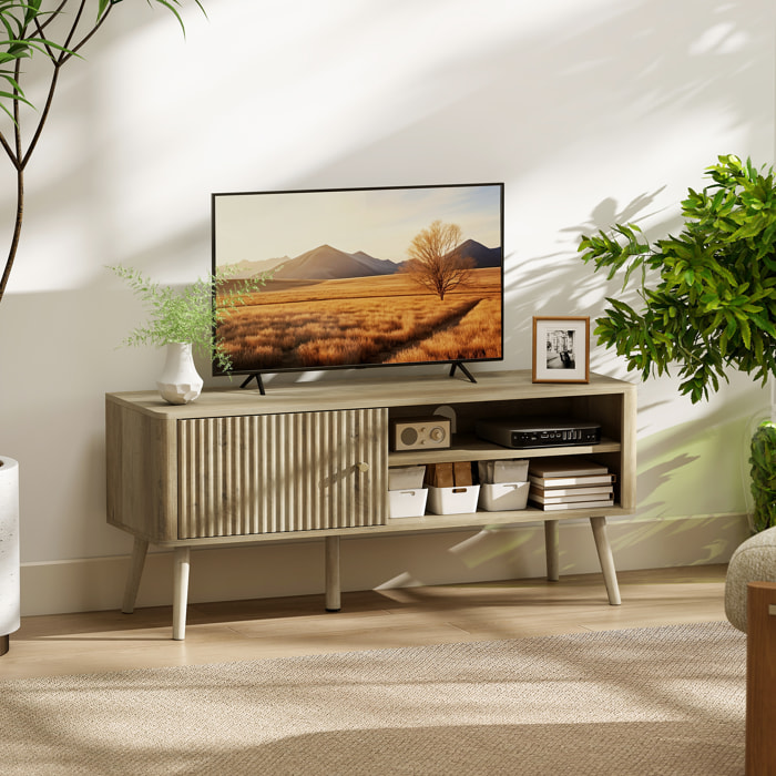 Mueble de TV, Mesa de TV 115 cm, Mueble para Televisión hasta 55 Pulgadas, con Puerta Acanalada, Estante Ajustable, Compartimentos Abiertos y Orificio para Cables, para Salón, Comedor, Roble