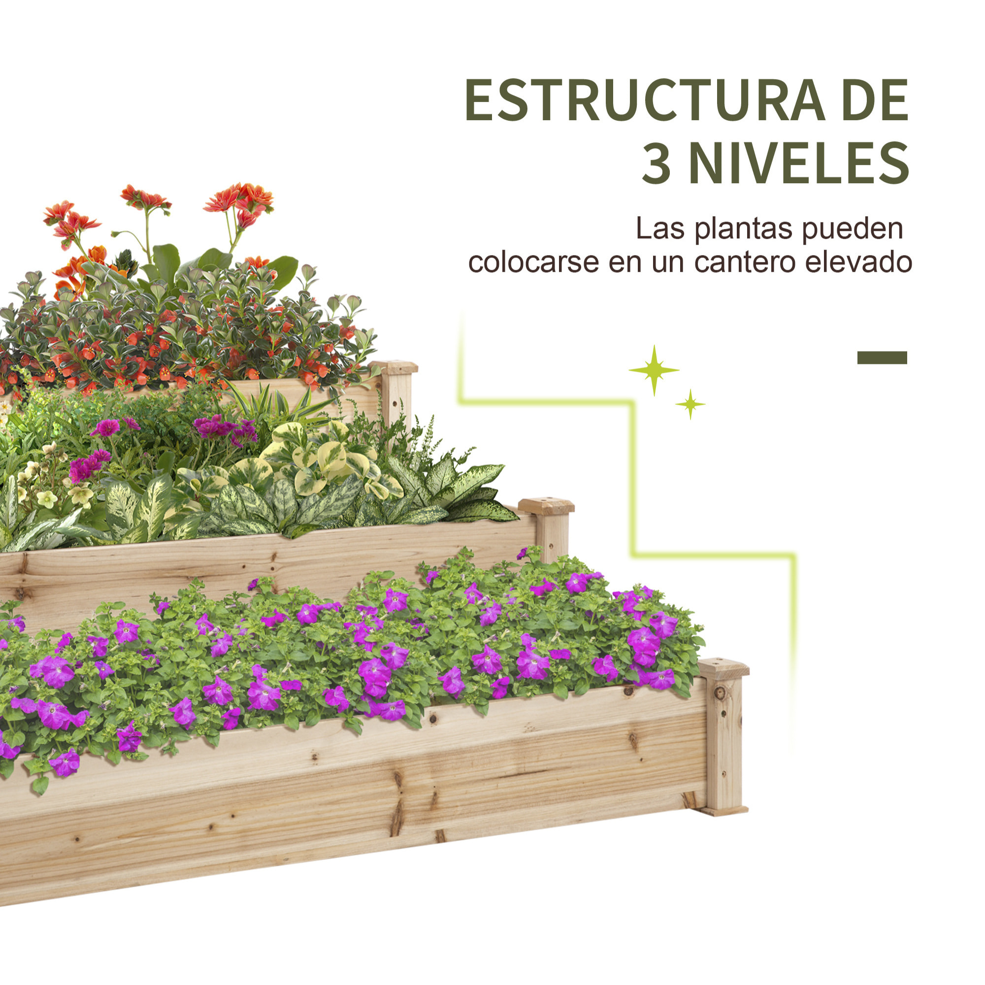 Jardinera Exterior Grande de Madera Arriate de Jardín de 3 Niveles con Diseño de Escalera Huerto Urbano para Cultivos Plantas Flores para Patio Terraza Balcón 120x120x56 cm Natural