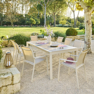 Table de jardin "Évasion" effet bois lin & argile 8 places lates en aluminium
