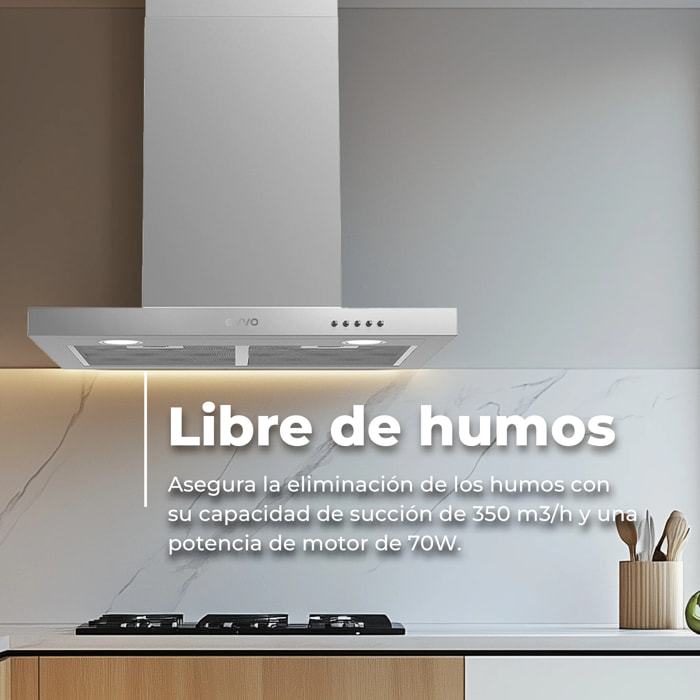 Campana Extractora Decorativa EVVO CE30, 60 cm, Inox, 350 m³/h, 3 Velocidades, Energía B