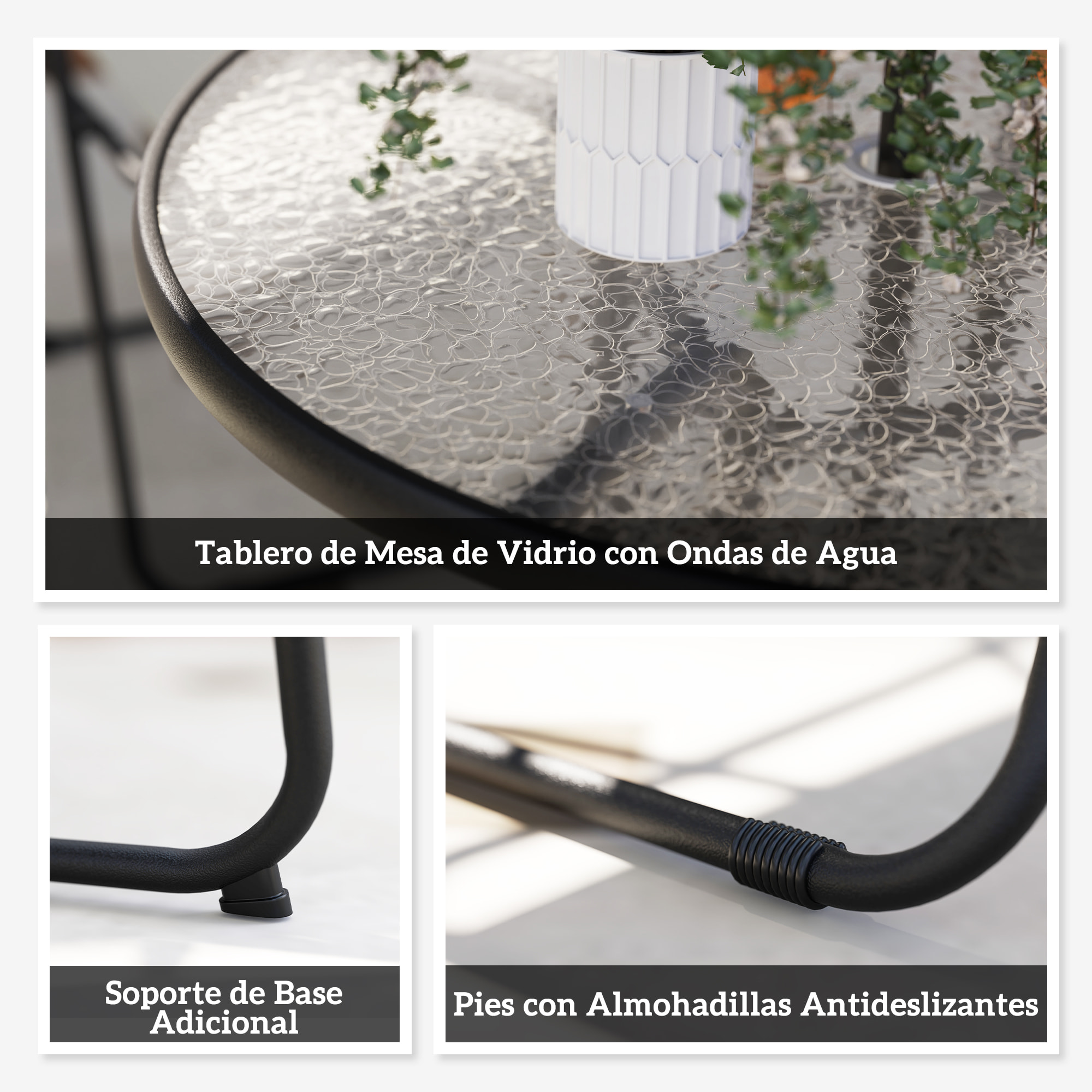 Conjunto de Mesa y Sillas Jardín de 6 Piezas Muebles de Jardín Exterior con 4 Sillas Plegables Mesa de Vidrio y Sombrilla para Terraza Patio Gris