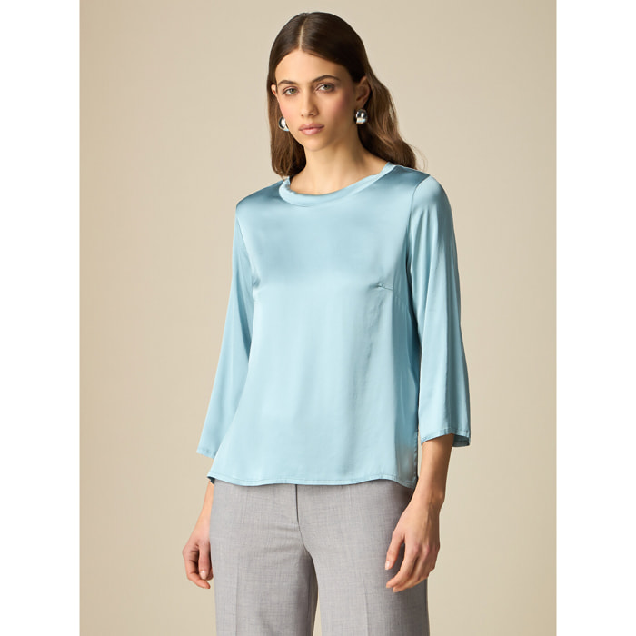 Oltre - Blusa de manga tres cuartos en raso - Light - blue