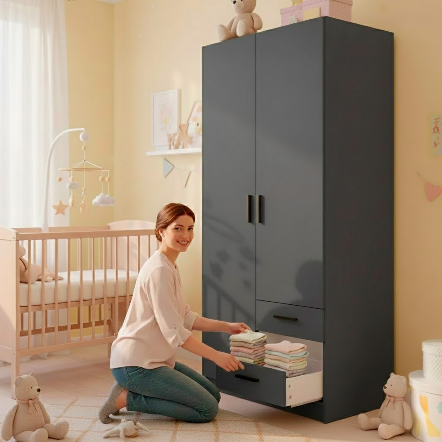 Armadio Con 2 Ante E 3 Cassetti Armadietto Multiuso Con Barra Appendiabiti E 4 Ripiani Di Cui 2 Regolabili Design 98.5x49.8x200.4 Cm Grigio Scuro