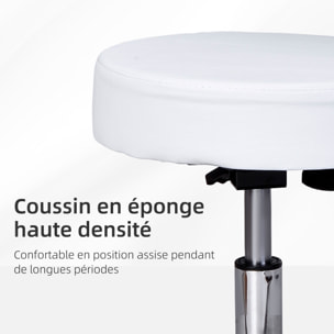 Tabouret massage à roulettes réglable en hauteur pivotant avec dossier ergonomique blanc