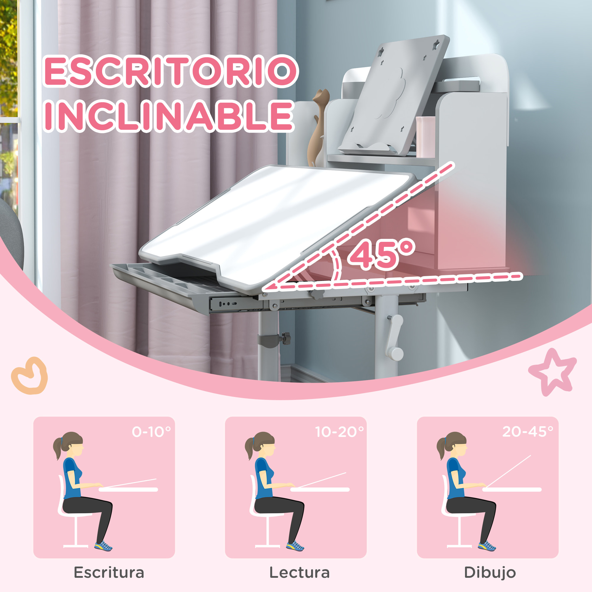 Juego de Escritorio y Silla para Niños de +3 Años, Pupitre Infantil Altura Ajustable con Tablero Inclinable, Cajón y Estantes, Respaldo Acolchado, para Libros, 80x55x107,5 cm, Gris