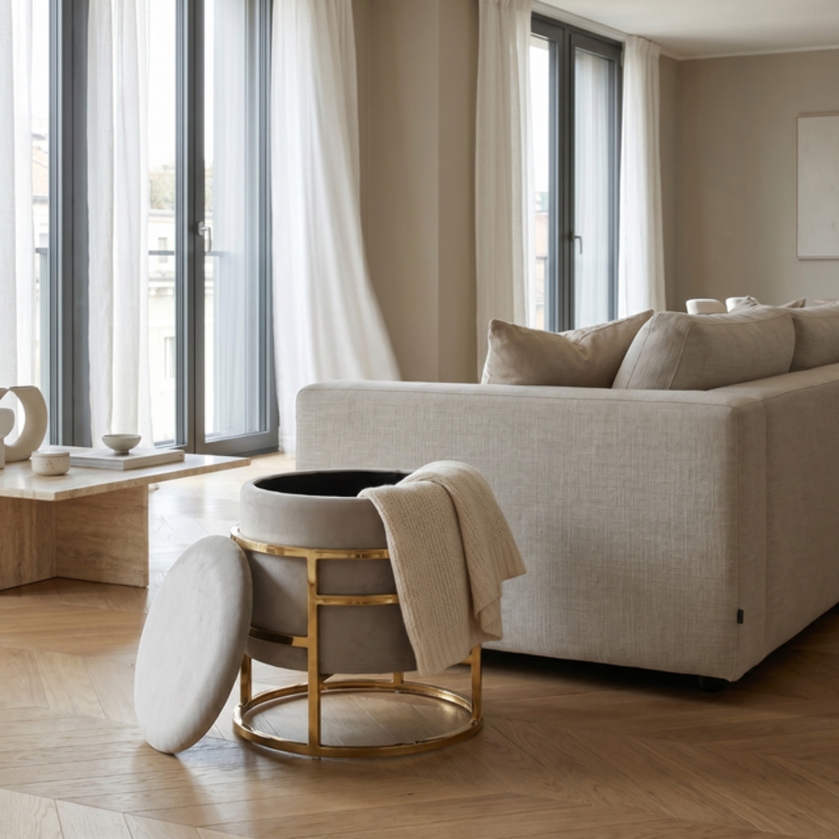 Pouf Contenitore Rotondo in Velluto con Coperchio e Base in Acciaio Dorata, Seduta Imbottita con Vano Contenitore dallo Stile Elegante per Soggiorno, Camera da Letto e Ingresso