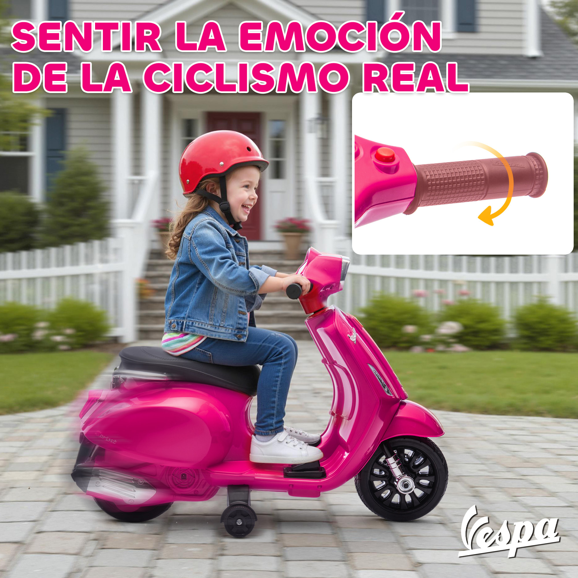 Moto Eléctrica para Niños 6V con Licencia Vespa, Moto Eléctrica Infantil con Ruedas Auxiliares de 6,9'', Velocidad de 2,5km/h, Faro y Bocina, para Niños de 2-6 Años, Rosa