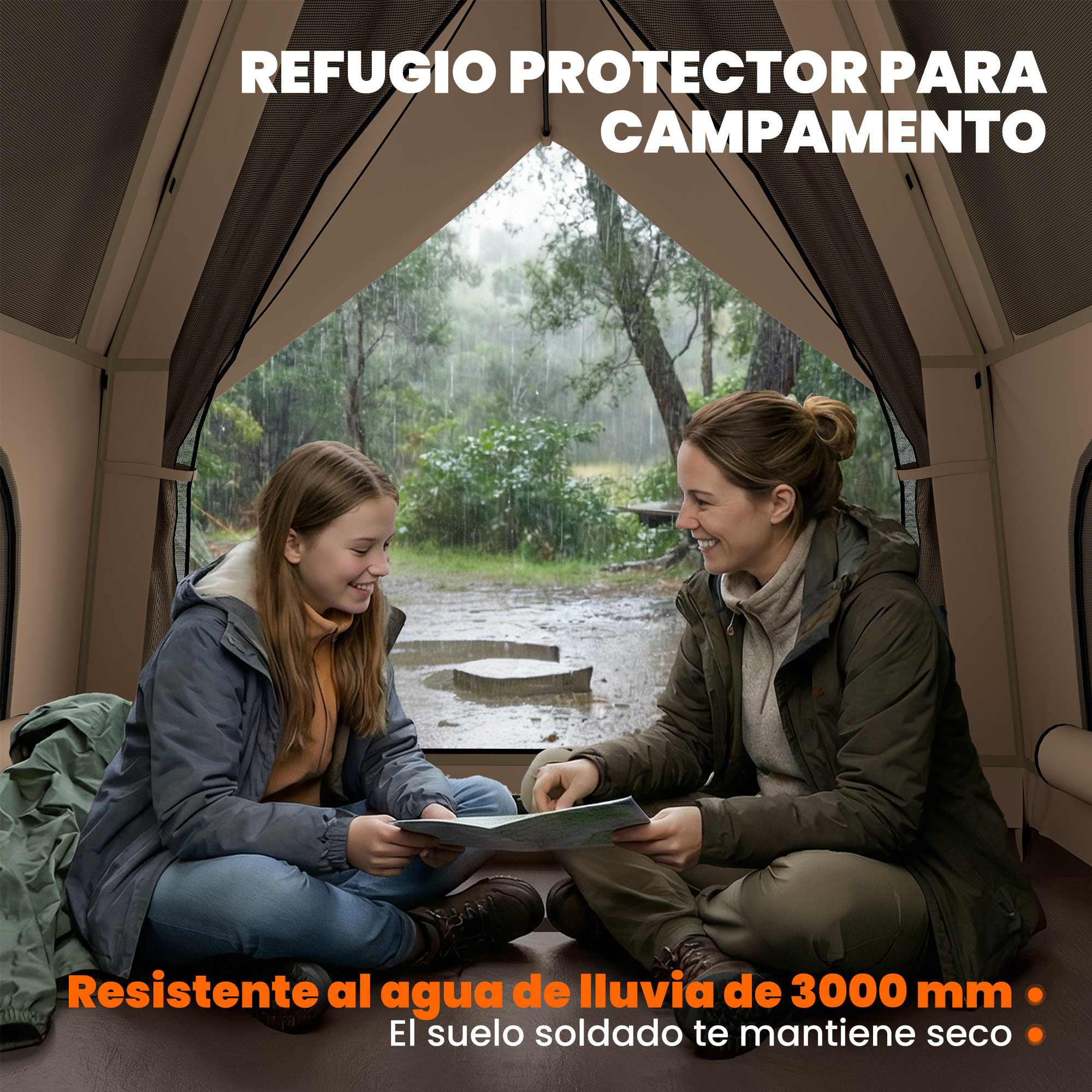 Tienda de Campaña Pop-up para 2-3 Personas, Tienda de Camping Plegable Portátil, Impermeable 3000 mm con 3 Ventanas, 3 Claraboyas, Base, Bolsa Transporte para Senderismo 235x235x184 cm, Caqui