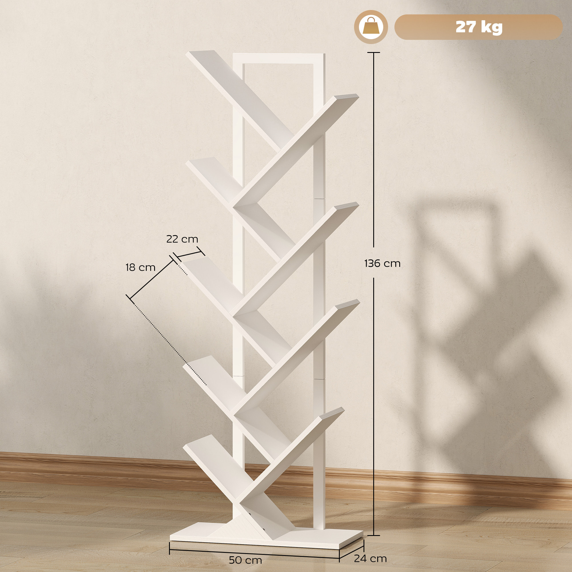 Librería en Forma de Árbol de 9 Niveles, Estantería de Libros con 9 Estantes, Estructura de Acero, para CD, DVD, Álbumes, Sala de Estar, Oficina, Estudio, Dormitorio, 50x24x136 cm, Blanco