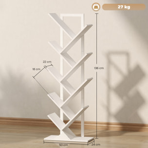 Librería en Forma de Árbol de 9 Niveles, Estantería de Libros con 9 Estantes, Estructura de Acero, para CD, DVD, Álbumes, Sala de Estar, Oficina, Estudio, Dormitorio, 50x24x136 cm, Blanco