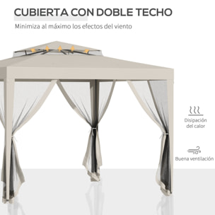 Carpa de Jardín 3x3 m Cenador Desmontable de Exterior Gazebo con 4 Mosquiteras Laterales Techo Doble y Marco Metálico Anti-UV Impermeable Pabellón para Terraza Patio Beige