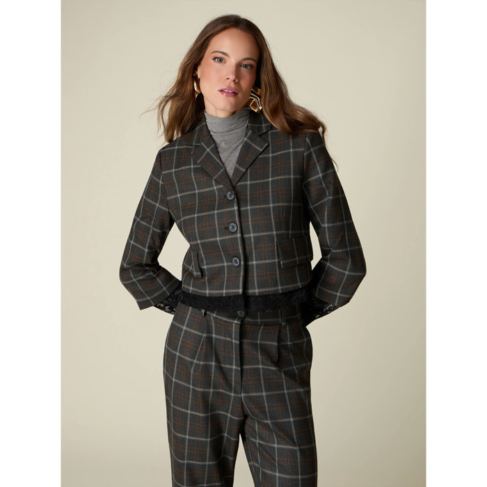 Oltre - Blazer cropped a quadri con dettagli pizzo - Grigio
