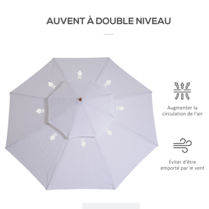 Parasol en bois peuplier droit 2 toits polyester 180 g/m² dia. 2,65 x 2,64H m blanc