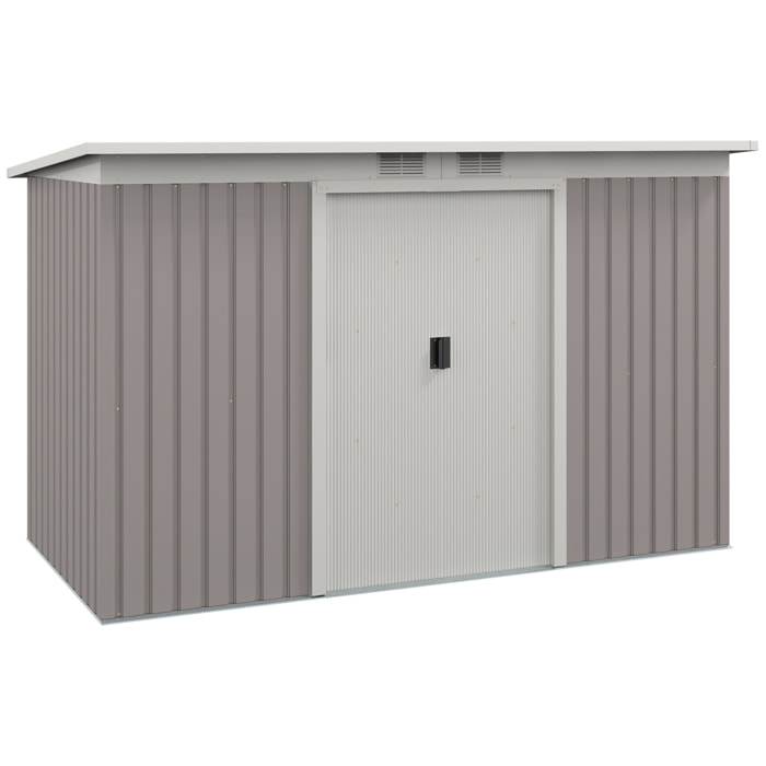 Caseta de Jardín Exterior 3,2 m² 280x130x172 cm Cobertizo de Jardín Exterior con Puerta Corredera Techo Inclinado Base Refuerzo (Suelo NO Incluido) y 2 Ventanas Gris Claro