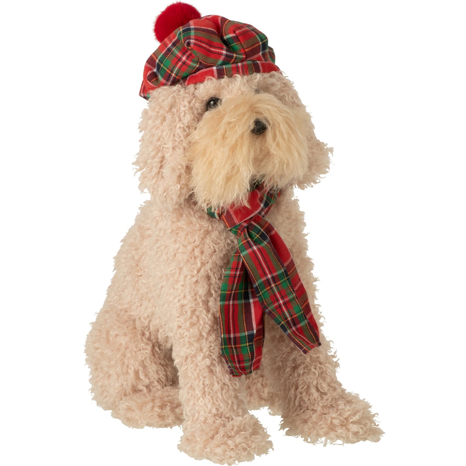 J-Line chien avec béret et foulard - tissu - beige/rouge Noël