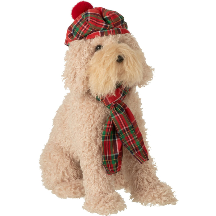 J-Line chien avec béret et foulard - tissu - beige/rouge Noël