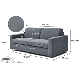 Canapé convertible express en tissu "Diana" - Couchage 140 cm - 3 places - Gris