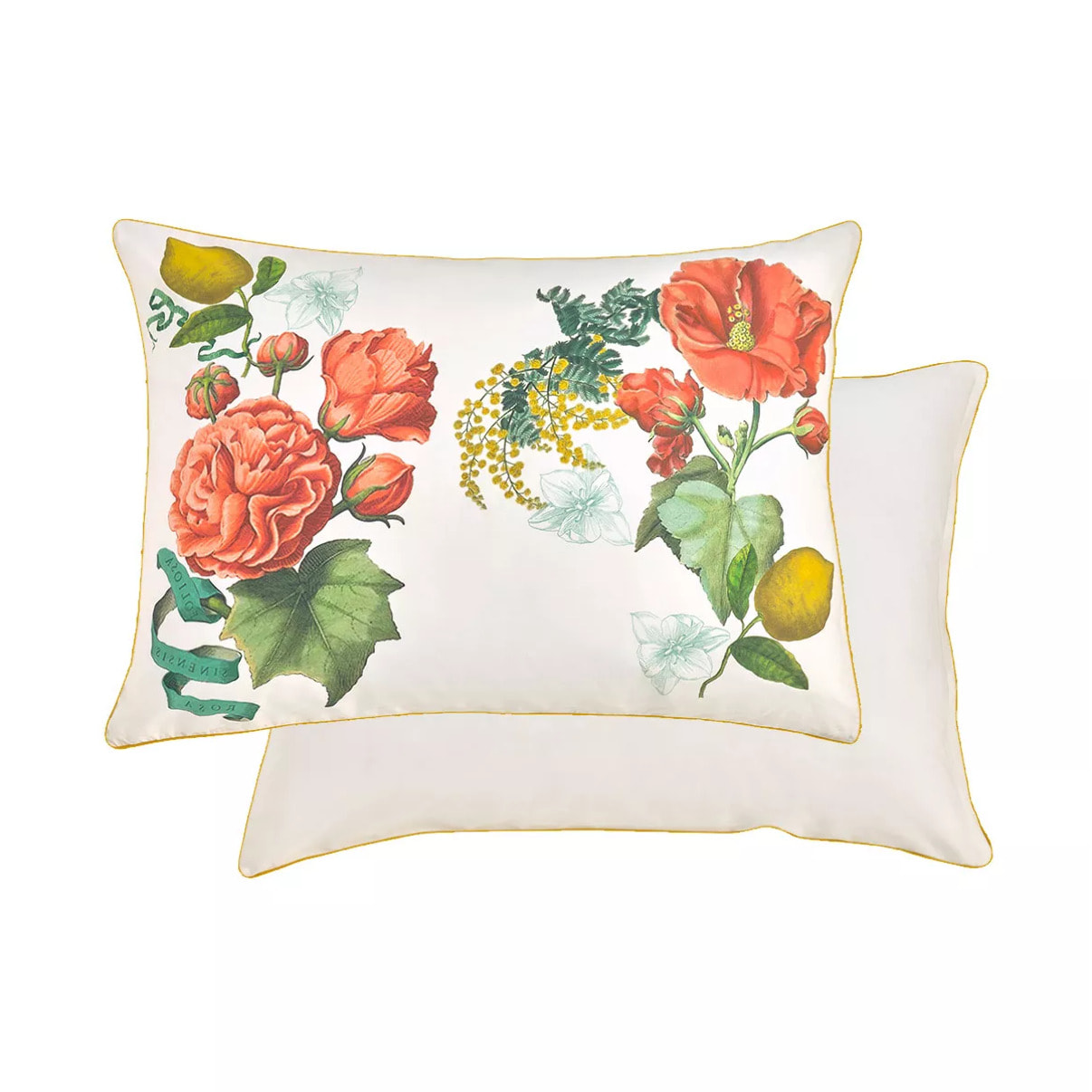 Taie d'oreiller percale de coton lavé imprimé rose jaune Citrons de menton romance