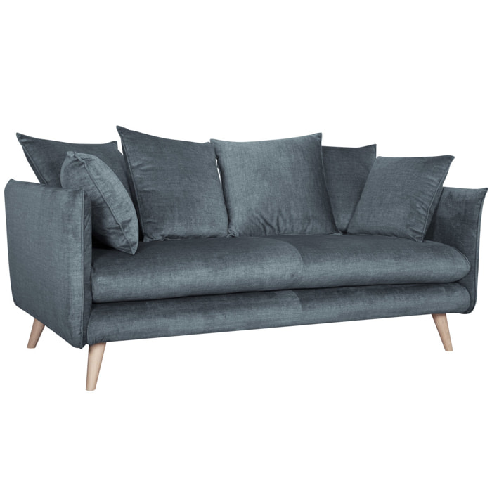 Canapé scandinave 3 places en tissu velours bleu gris et bois clair OLYMPIA