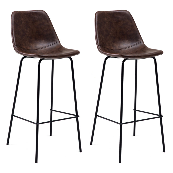 Lot de 2 tabourets de bar vintage LUCIEN marron - Hauteur d'assise 75cm