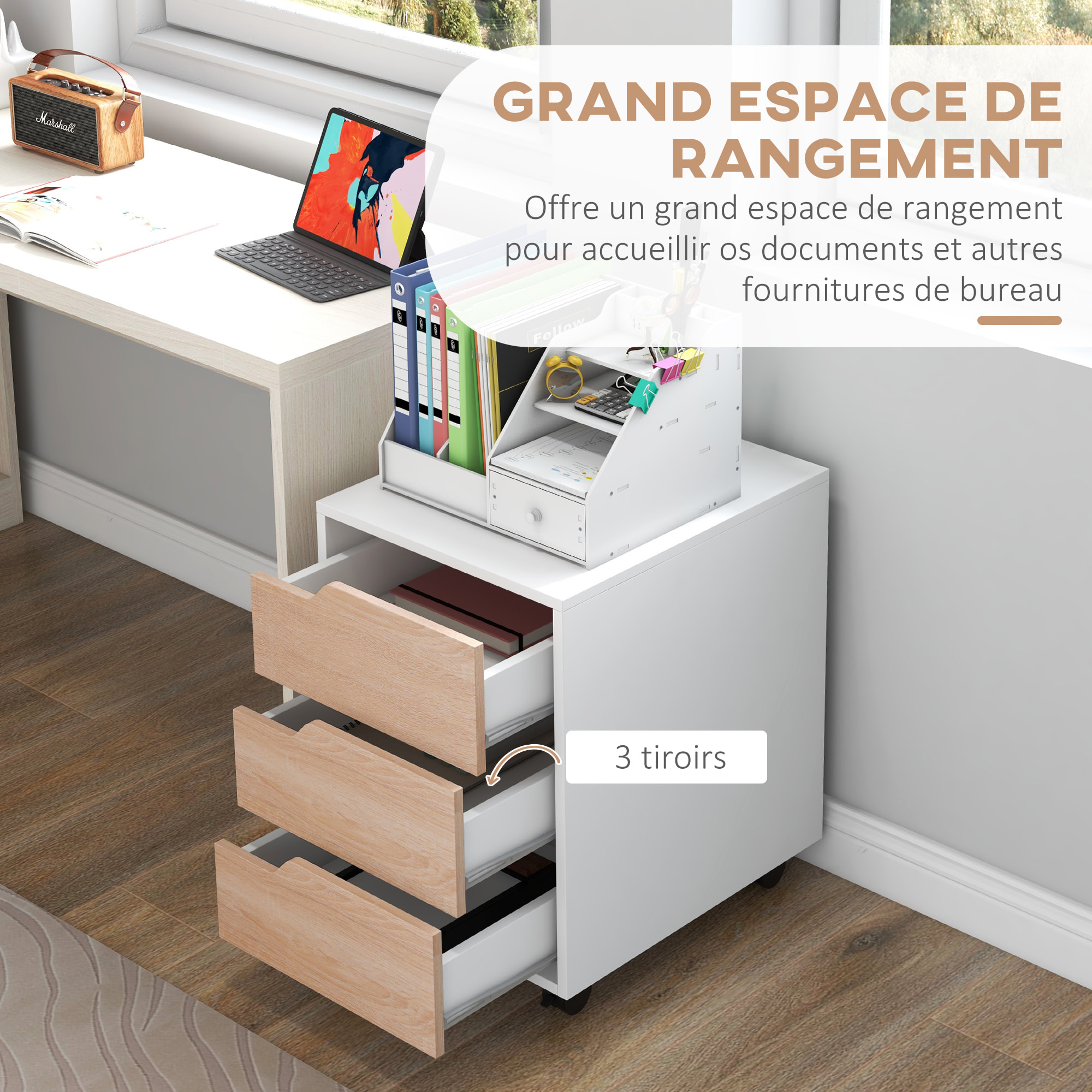Caisson bureau mobile avec 3 tiroirs, meuble rangement bureau sur roulettes pour documents et imprimante, 40x50x57,5cm, blanc et aspect bois