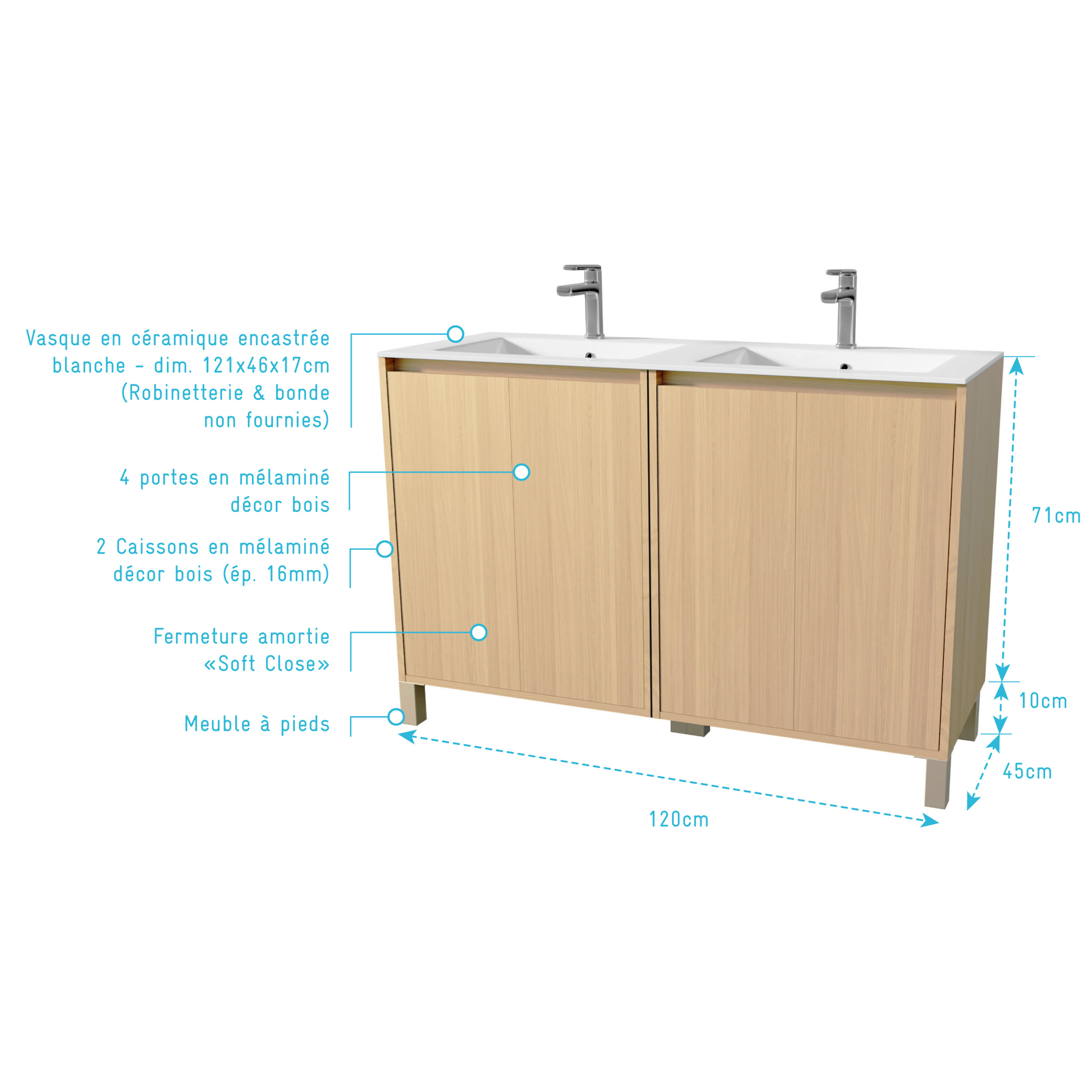 Pack Meuble Salle de Bains 120 cm Chêne Clair, 4 portes avec Vasque Céramique - XENOS