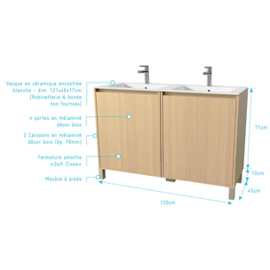 Pack Meuble Salle de Bains 120 cm Chêne Clair, 4 portes avec Vasque Céramique - XENOS