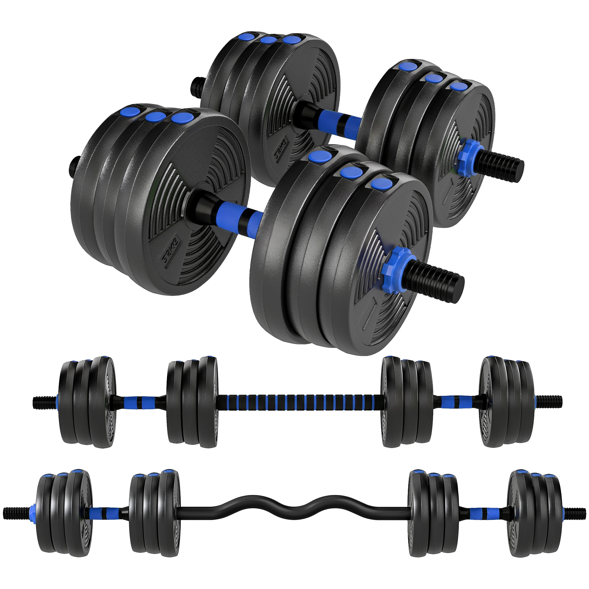 Ensemble d'haltères musculation multifonction 3 en 1 - haltères, Olympic barre, Curl EZ barre - total 25Kg - PVC bleu noir