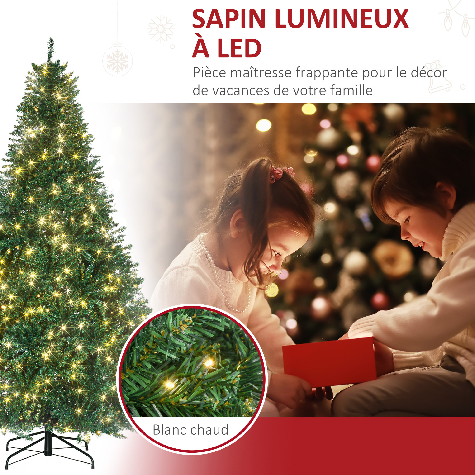 Sapin de Noël artificiel lumineux LED x 700 blanc chaud + support pied Ø 132 x 210H cm 2154 branches vert