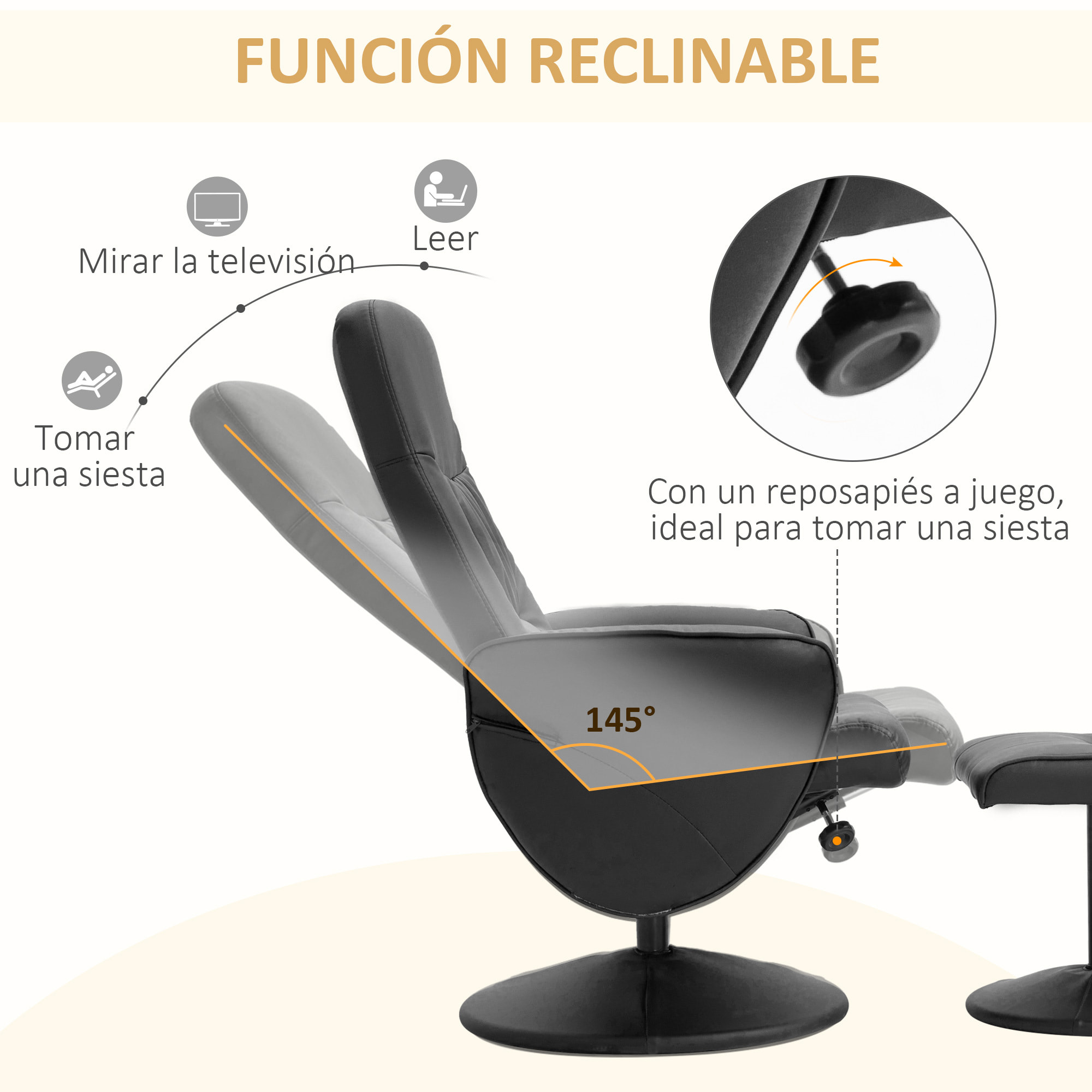HOMCOM Sillón de Salón con Otomana Reposapiés Tapizado en PU Sillón Relax Reclinable hasta 145° y Giratorio 360° con Respaldo Ajustable para Salón Dormitorio Oficina 81x81x105 cm Negro