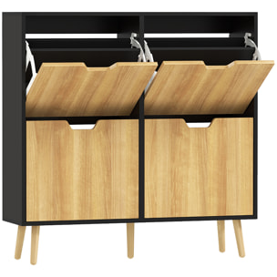 Meuble à chaussures design scandinave 4 portes abattantes 4 étagères réglables bois pin panneaux bois noir