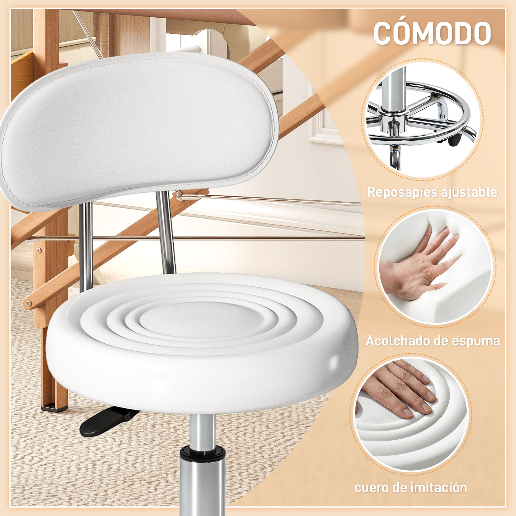 Taburete Giratorio Taburete con Ruedas y Respaldo Taburete de Trabajo con Altura Regulable 70-86 cm Asiento Tapizado de Cuero Sintético Blanco