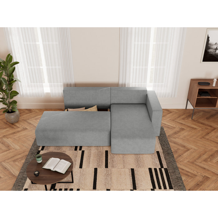 Topaze - canapé d'angle droit 4 places convertible avec coffre sans accoudoir en velours côtelé - Gris clair