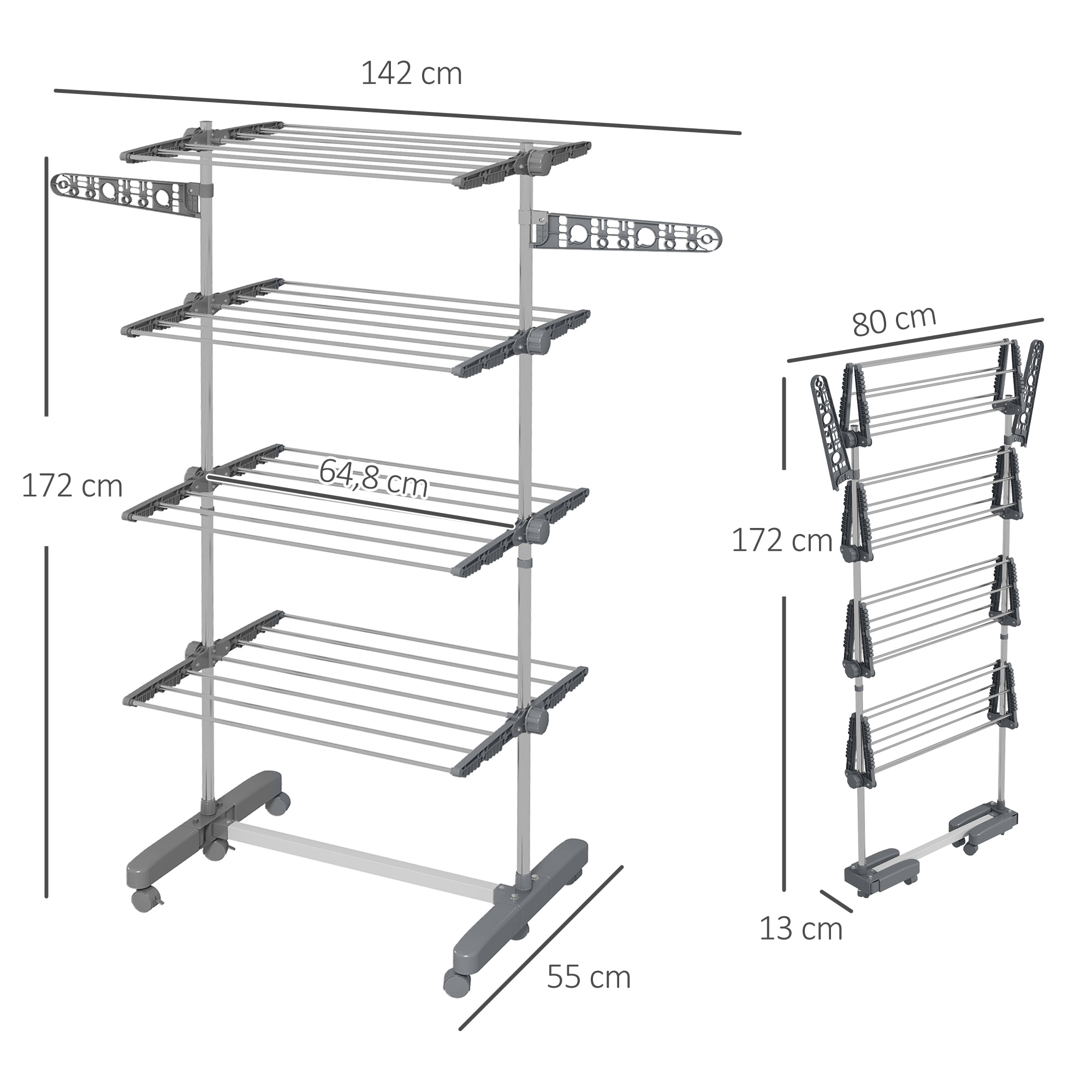 HOMCOM Tendedero Vertical Plegable Tendedero de Ropa con 6 Ruedas 2 Laterales Abatibles Estantes Ajustables y Marco de Acero Inoxidable para Interior y Exterior Gris y Plata