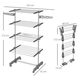 HOMCOM Tendedero Vertical Plegable Tendedero de Ropa con 6 Ruedas 2 Laterales Abatibles Estantes Ajustables y Marco de Acero Inoxidable para Interior y Exterior Gris y Plata