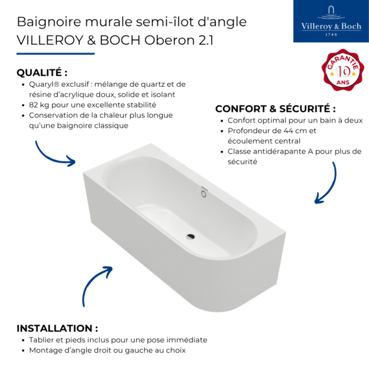 Baignoire murale semi-îlot d'angle VILLEROY & BOCH Oberon 2.1 blanc brillant version gauche