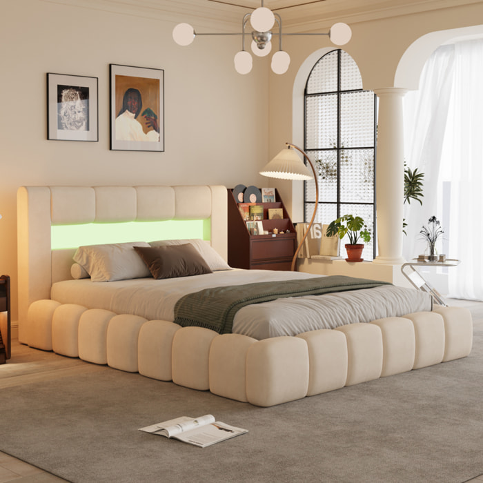 MAKILA Lit nuage coffre LED 140x190cm velours beige avec tête de lit et sommier