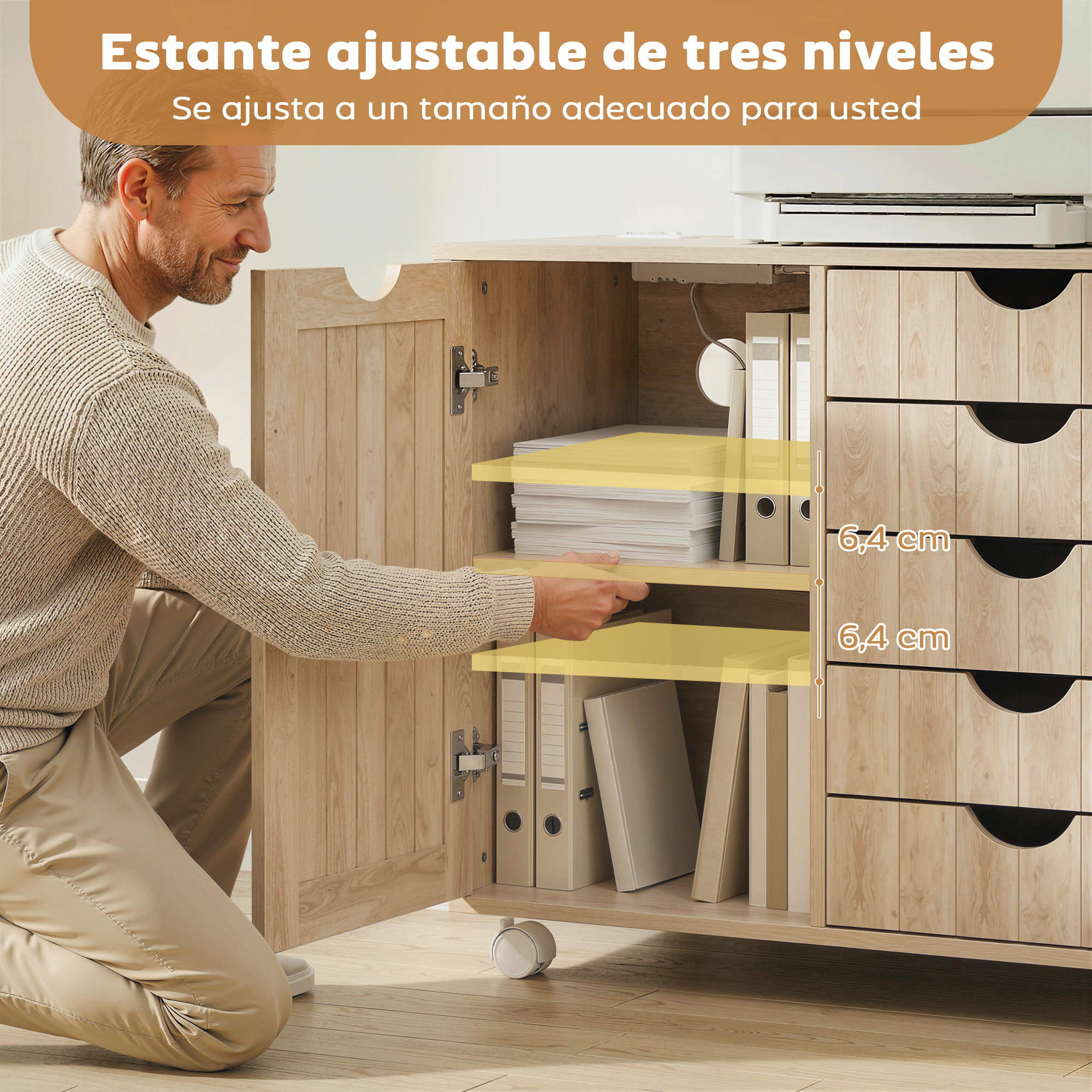 Mueble para Impresora con Estación de Carga y Ruedas, Soporte para Impresora con 5 Cajones, Puertos USB, Estante Ajustable para Oficina en Casa, Natural