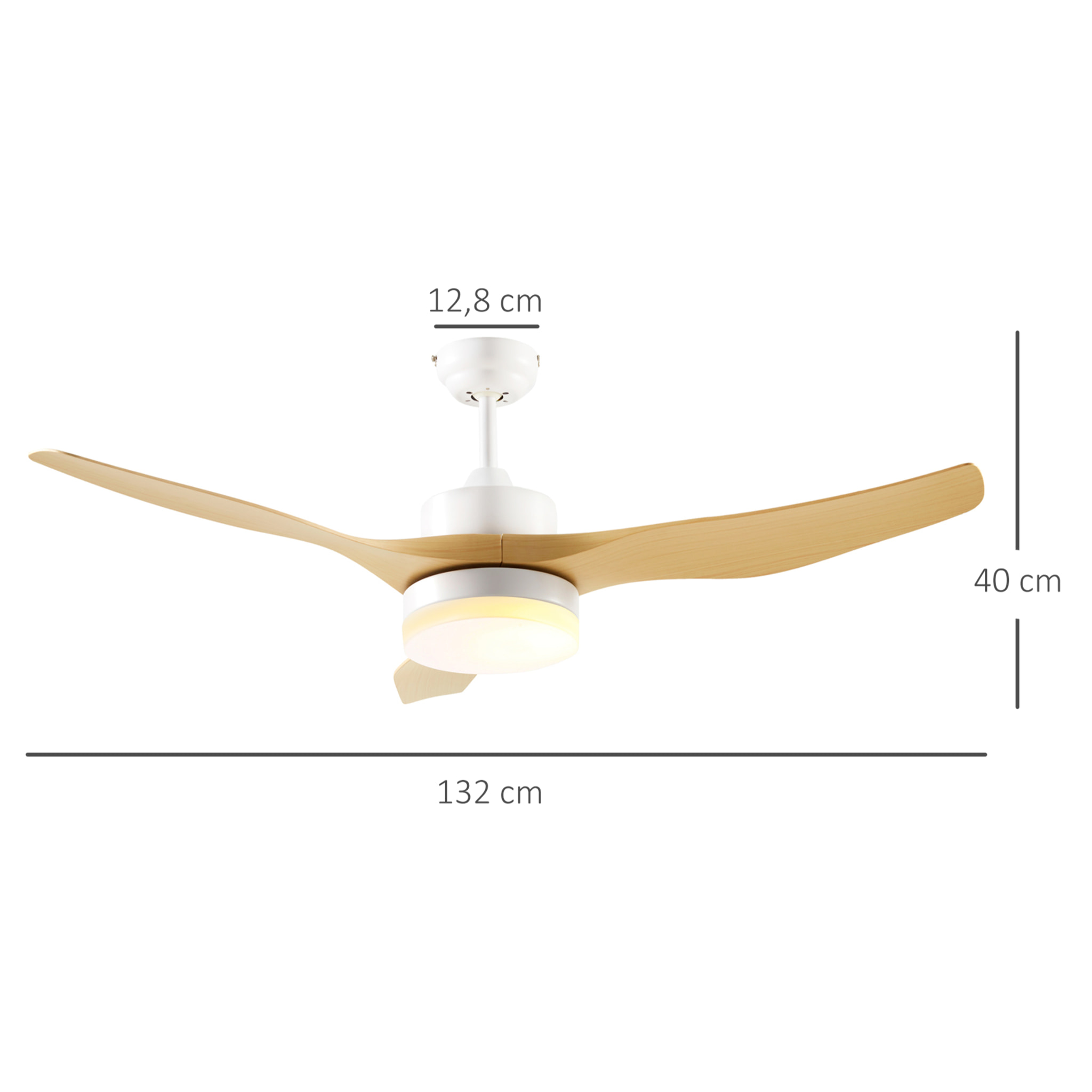 Ventilador de Techo con Luz LED Motor DC 20,5W con Mando a Distancia Ajustable de 3 Niveles 3 Aspas Reversibles 6 Velocidades y Temporizador Ø132x40 cm Natural