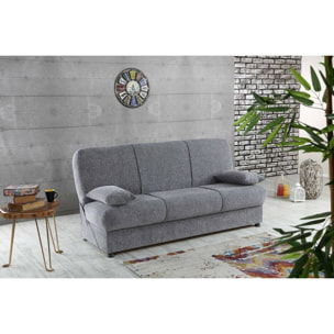 Divano letto Alvaro, Divano letto contenitore a 3 posti con 2 cuscini inclusi, Sofà da soggiorno in tessuto imbottito con apertura click-clack, 180x81h90 cm, Grigio