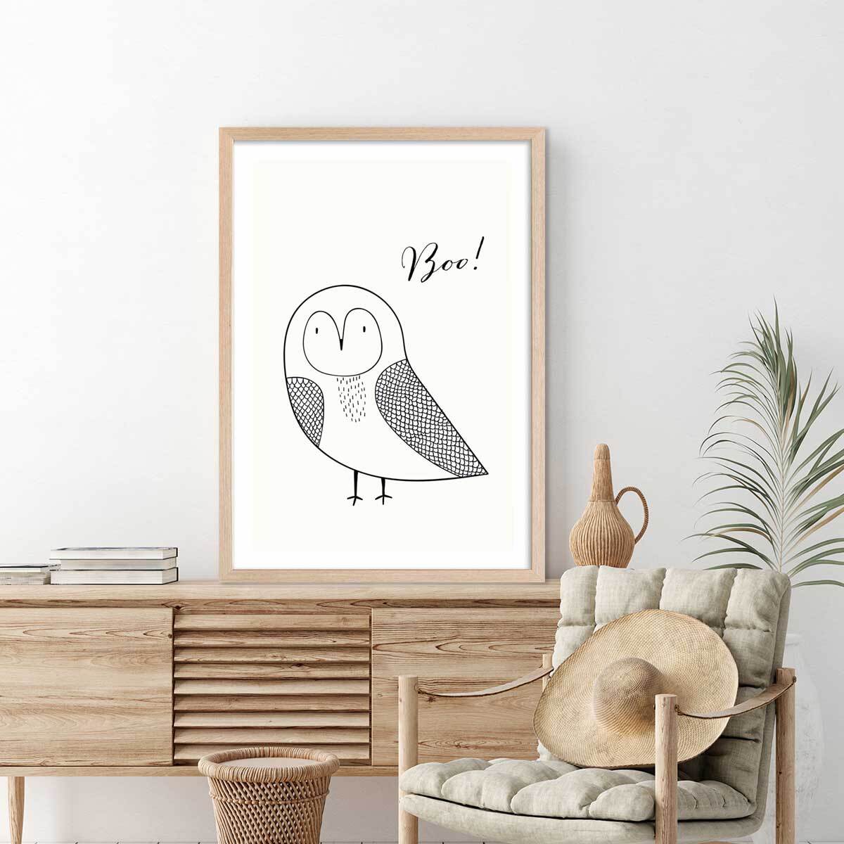 Affiche dessin ""hibou boo"" Affiche + cadre en bois - Chêne