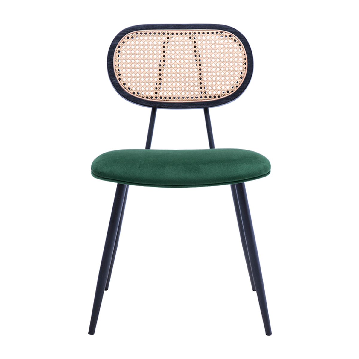 Chaises design en tissu velours vert foncé, métal noir et cannage rotin (lot de 2) SWANN