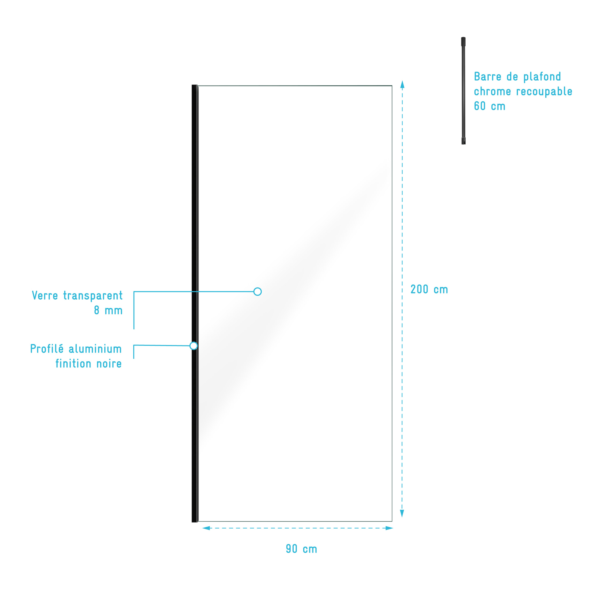 Paroi de Douche 90x200cm Verre Transparent - Profilé + Barre Plafond Noire - FREEDOM 2 BLACK