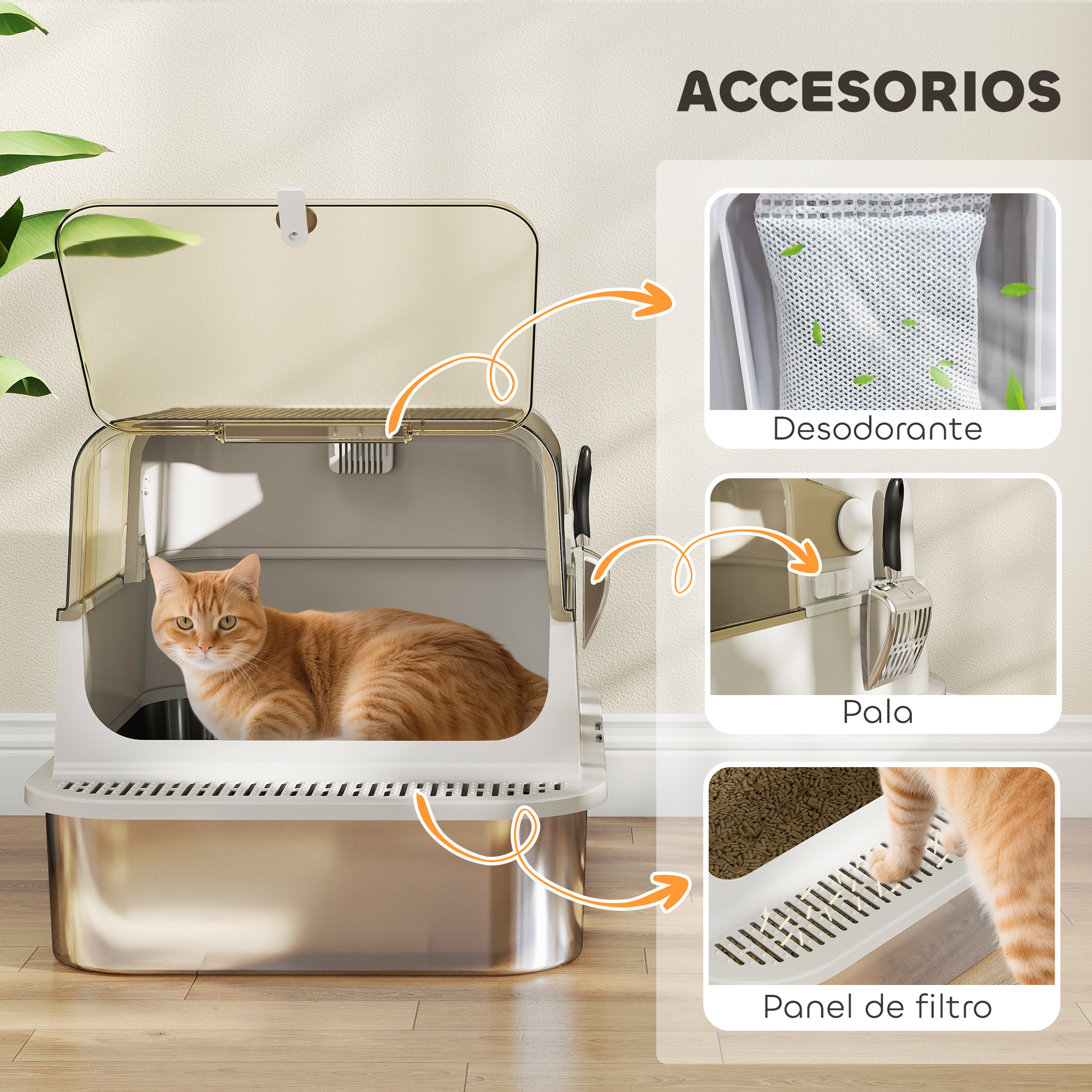 Arenero para Gatos de Acero Inoxidable XXL, Caja de Arena para Gatos Grandes, Arenero con Tapa Abatible, Laterales Altos, Entrada Superior, Pala, sin Olores, Fácil de Limpiar, Antifugas, Gris