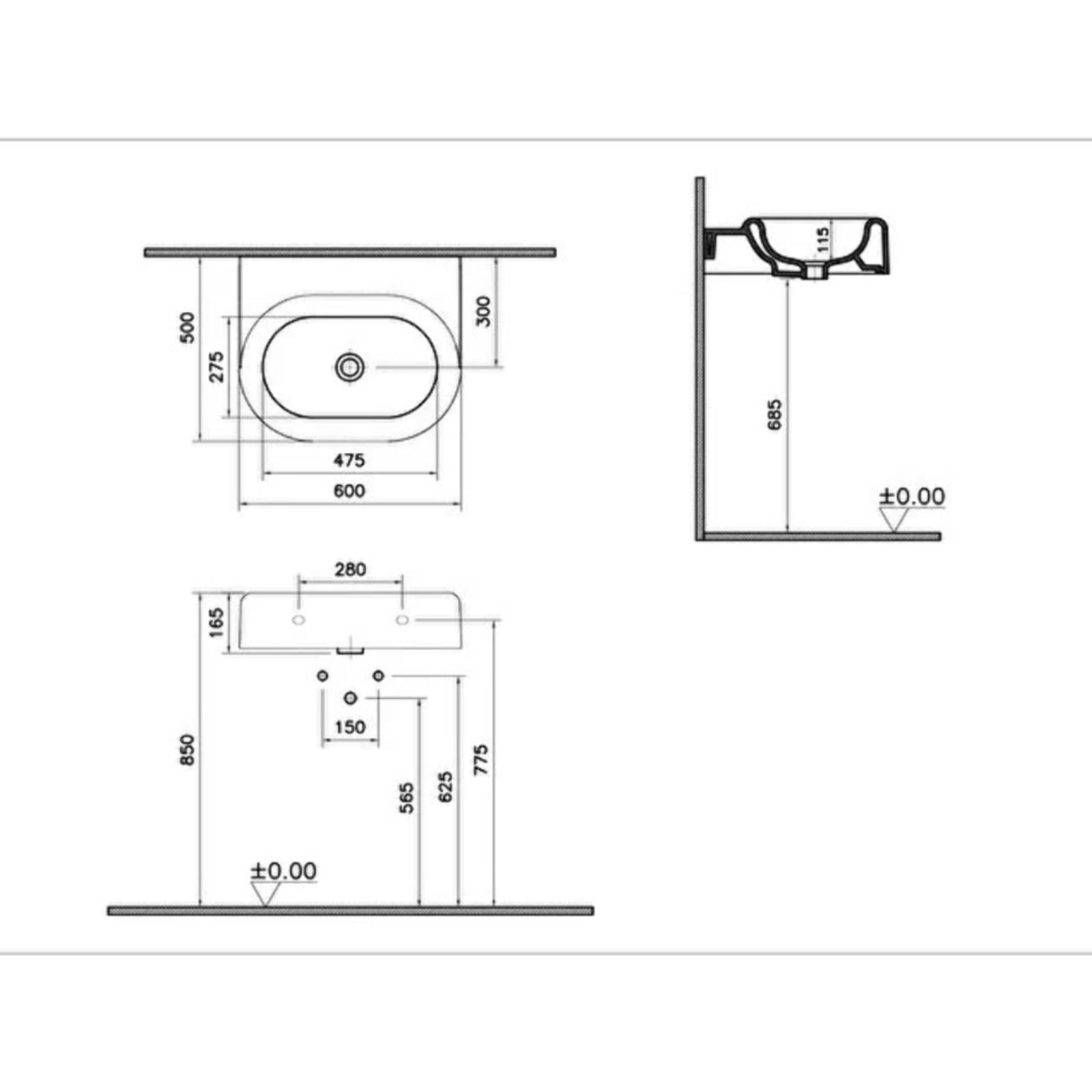 Lavabo VITRA Liquid 60 cm sans trou et sans trop-plein