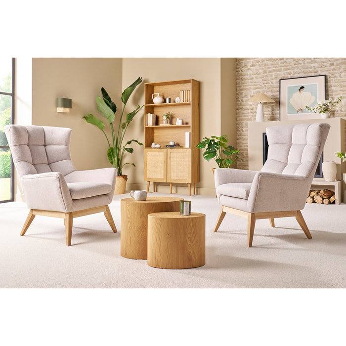 Fauteuil scandinave en tissu effet velours texturé naturel et bois clair BRODY